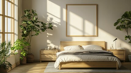 Modern Minimalist Bedroom with Wooden Bed and Blank Canvas