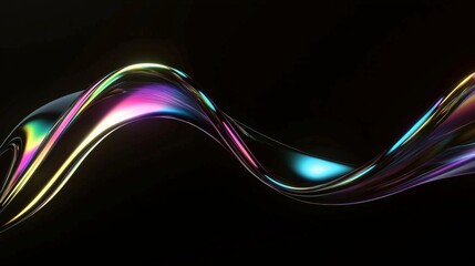 Colorful metallic liquid flowing on black background, creating dynamic abstract composition with iridescent surface reflecting light in spectrum of colors