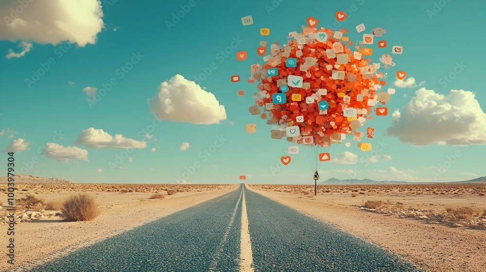 Poster an abstract road leading into the distance lined with signs showing likes comments and shares symbol