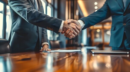Businessmen shaking hands in a meeting room.