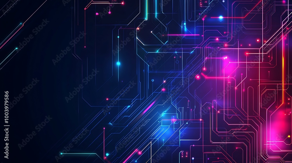 Poster Abstract digital network with glowing lines and nodes on dark background.