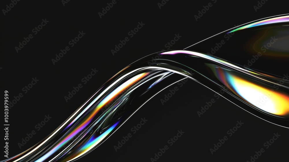 Poster dynamic and colorful abstract image featuring a flowing, liquid-like form with iridescent reflection