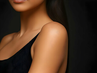 Fototapeta premium Close-up of a woman's shoulder and neck, highlighting smooth skin tones against a dark background.