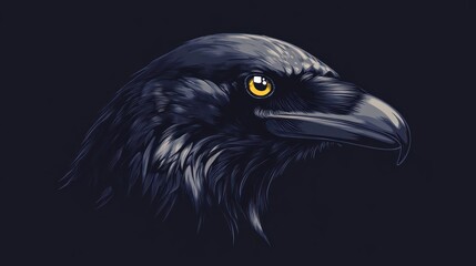 Fototapeta premium A detailed illustration of a raven's head with striking yellow eyes against a dark background.