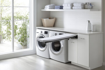 Modern laundry room with a washer and dryer set and a built-in ironing board