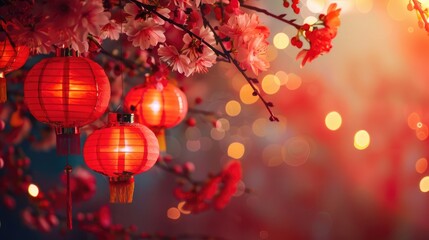 Chinese New Year background with sakura branch and lanterns