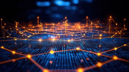 Fototapeta premium A vibrant digital network visualization featuring glowing nodes and interconnected lines, representing data transmission and connectivity