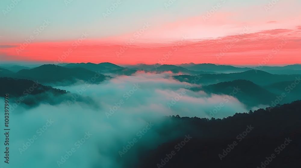 Poster breathtaking misty mountain range at magical sunrise with soft pastel colored pink clouds floating o