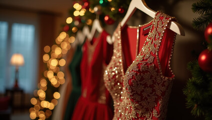 Obraz premium Elegant red dresses decorated with sequins in a festive setting