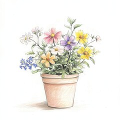 Naklejka premium A colorful arrangement of flowers in a terracotta pot, showcasing botanical beauty.