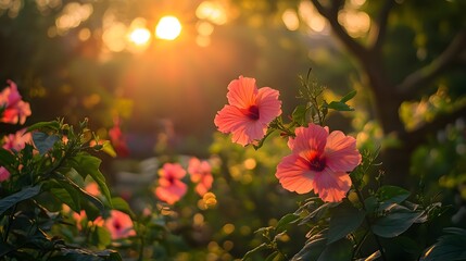 Obraz premium A sunset view of a garden filled with blooming hibiscus flowers in India