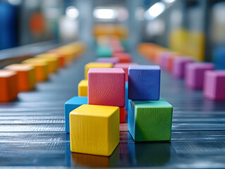 Obraz premium Colorful wooden blocks on a conveyor belt in a factory setting, highlighting production and assembly lines.
