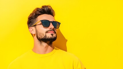 A Man in Sunglasses Looking Up Against a Yellow Wall.