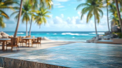 Tropical beach view with palm trees and ocean scenery, creating a tranquil and inviting atmosphere.