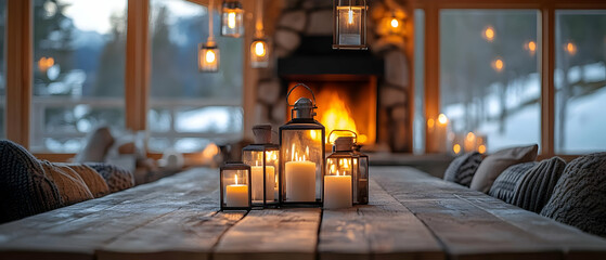 Cozy interior with candles and lanterns on a wooden table, warm fireplace ambiance, inviting winter atmosphere.