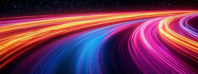  Neon road speed. Light abstract laser trace from the movement of cars. LED curves fast strips. Template for futuristic design. 
