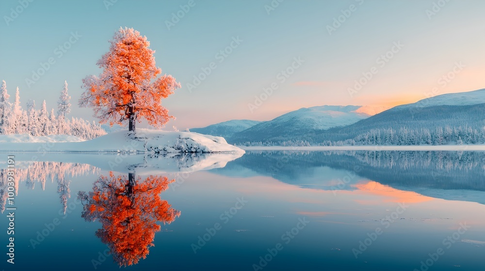 Poster breathtaking winter landscape featuring a frozen lake with stunning reflections of snow covered tree