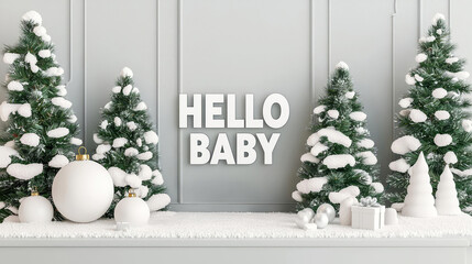 Baby shower table setting, Christmas decorations, snow-covered trees, 3D illustration