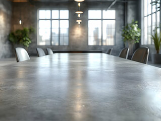 Fototapeta premium Modern conference room with a sleek concrete table and large windows showcasing a city view.