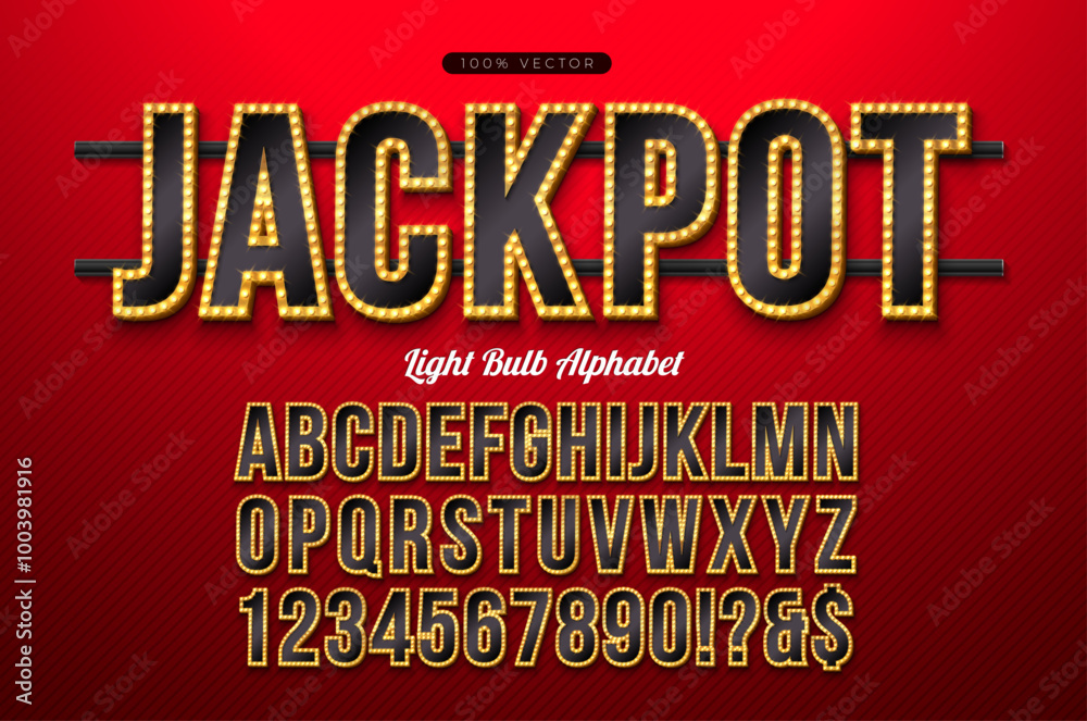Fototapete vector light bulb alphabet with gold frame and shadow on red background. glowing retro font collecti