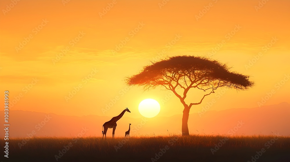 Aufkleber captivating panoramic view of a picturesque savannah landscape with towering giraffes silhouetted ag