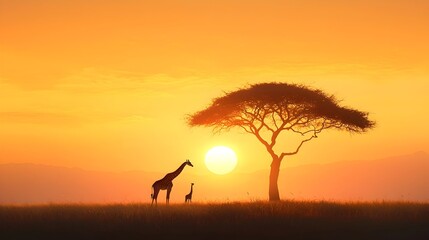 Captivating panoramic view of a picturesque savannah landscape with towering giraffes silhouetted against the stunning backdrop of acacia trees at dusk creating a truly and peaceful natural scene