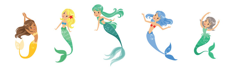 Cute Girl Mermaid Character with Female Body and Fish Tail Vector Set