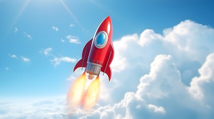 Red Rocket Ship Ascending Through Clouds