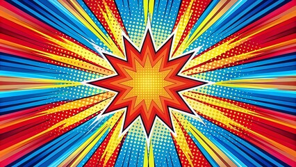 Fototapeta premium A vibrant explosion of color in a comic book style with a radial burst of yellow, red, blue, and orange lines radiating from a central starburst.