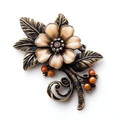 Naklejka premium Vintage Floral Brooch with Intricate Metalwork Design on White Background