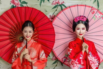 Two women wearing red and pink traditional Chinese clothing holding umbrellas
