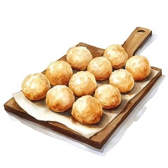Watercolor Illustration of Round Bread Rolls on a Wooden Cutting Board.