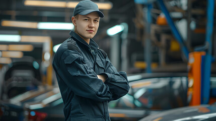 Fototapeta premium A male mechanic or car service repairman. Neural network AI generated art