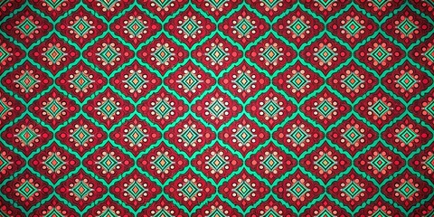 A captivating and repeating pattern of intricate swirls, diamonds, and circles, in red and green, creating an optical illusion of depth and movement.