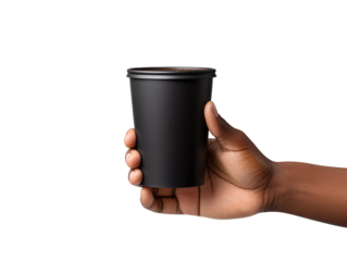 a hand holding a black coffee cup isolated on transparent background