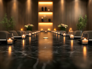 Elegant dining setup with candles, modern decor, and greenery creating a warm atmosphere for social gatherings.