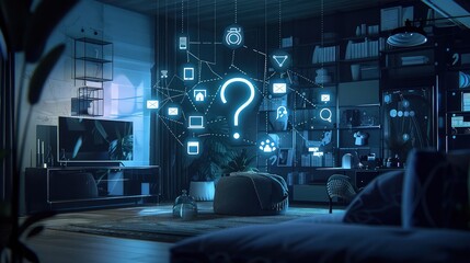 A network of interconnected devices in a smart home, with a question mark indicating concerns about privacy and data security in the Internet of Things (IoT).