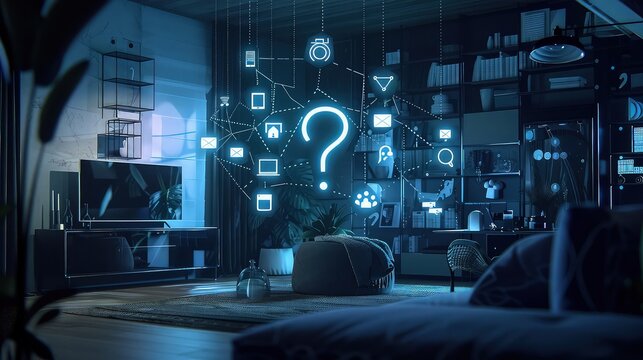A network of interconnected devices in a smart home, with a question mark indicating concerns about privacy and data security in the Internet of Things (IoT).