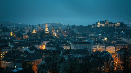 Obraz premium Cityscape at Night: A European cityscape illuminated at night with lights