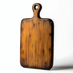 A wooden cutting board with a smooth surface and handle, isolated on a white background, perfect for culinary presentations.