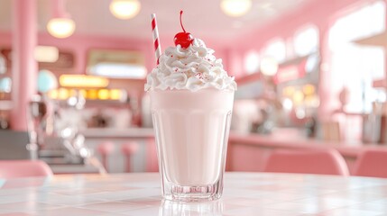 Classic Milkshake with Whipped Cream and Cherry Decoration