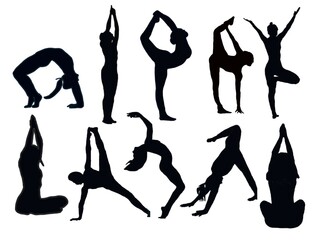 silhouette person. Yoga silhouettes.Yoga set silhouette illustration. Set of yoga Silhouette . Hand drawn black silhouettes. Female.