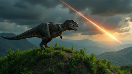 T-rex running through a dense forest, escaping from a meteorite falling from the sky