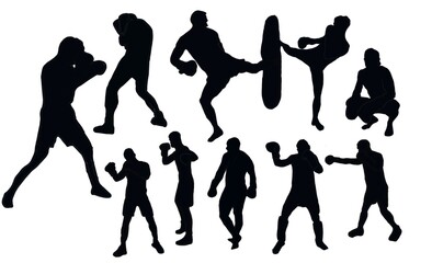silhouette person. Boxing silhouettes. Boxing set silhouette illustration. Set of boxing Silhouette . Hand drawn black silhouettes. male.