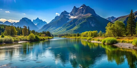 Obraz premium A tranquil river meanders through a valley, reflecting the majestic peaks of the surrounding mountains, creating a breathtaking panorama of natural beauty.
