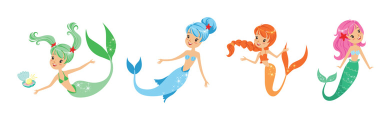 Cute Girl Mermaid Character with Female Body and Fish Tail Vector Set