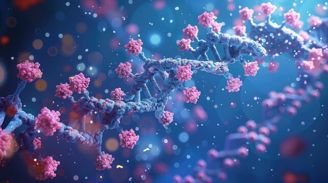 Abstract illustration of a DNA strand with virus particles.  Blue background with bokeh effect.  Science, medicine, and biotechnology concept.