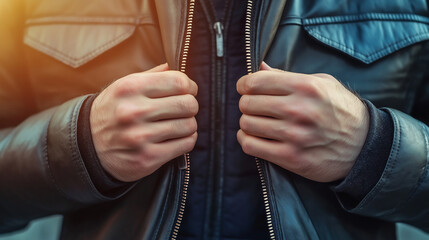 Close-up of hands zipping a green and black jacket in warm sunlight, capturing the action of pulling the zipper. Concept of protection from cold, outdoor activities, and casual fashion style