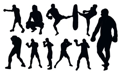 silhouette person. Boxing silhouettes. Boxing set silhouette illustration. Set of boxing Silhouette . Hand drawn black silhouettes. male.