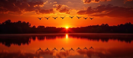 A flock of birds fly in formation against a fiery sunset over a still lake, creating a mirrored reflection in the water.